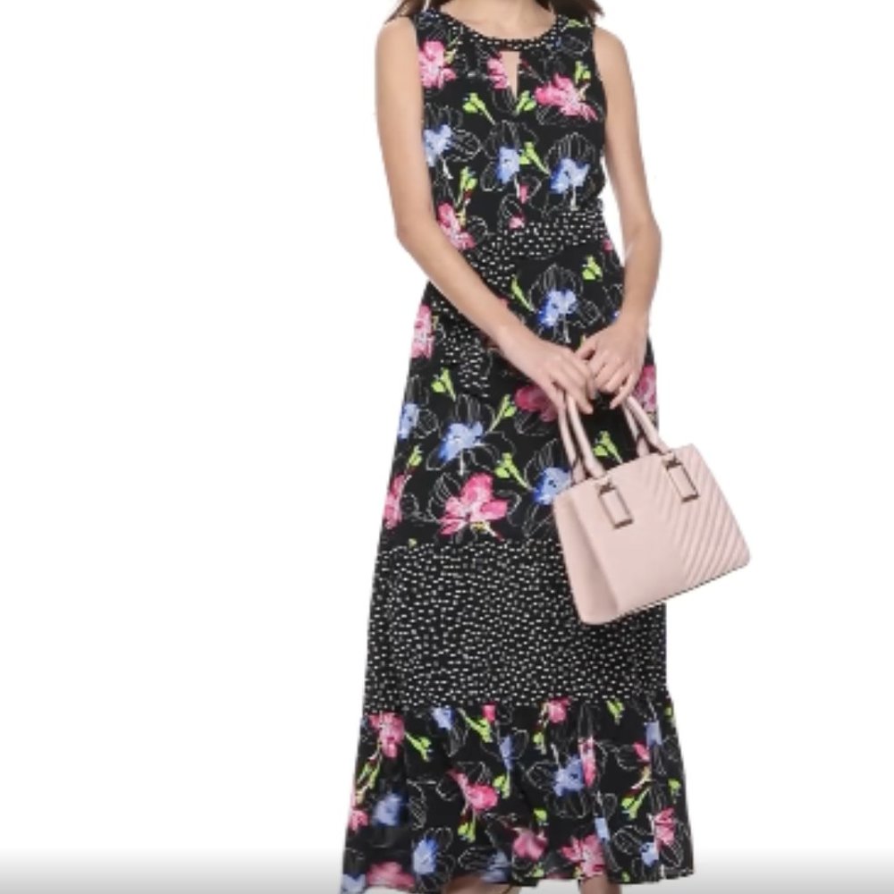 Apt 9 Dark Floral Polka Dot Belted  Ruffled Maxi Dress Medium